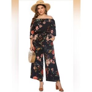 Off-Shoulder Floral Jumpsuit Romper Black with Red & Cream Blooms Plus Size 2XL